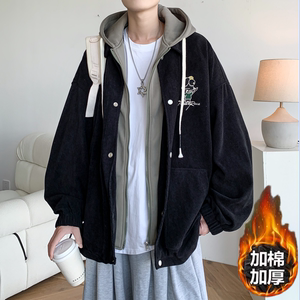 加棉加厚大码港风连帽假两件宽松棒球服夹克外套 J853JM P98控138图片