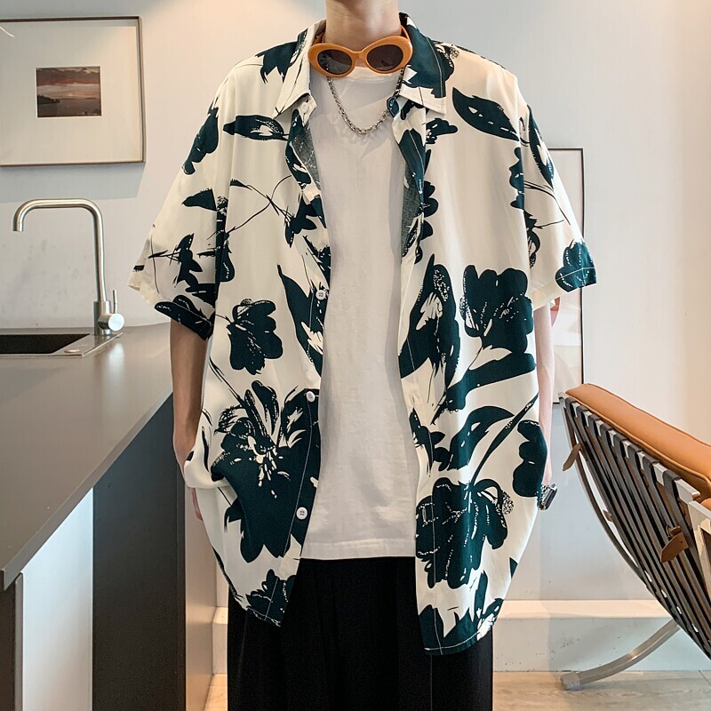 酒店风夏季冰丝港风大码复古碎花短袖衬衫花衬衣男C650P40控58,男装T恤,电商A029