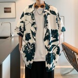 酒店风夏季冰丝港风大码复古碎花短袖衬衫花衬衣男C650P40控58，男装T恤，电商A029