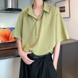 小清新冰丝二开港风大码纯色短袖衬衫白衬衣男C655P35控48，男装T恤，电商A029