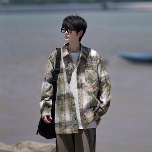 相机片高街时尚港风印花风格格子长袖衬衫衬衣男C620P55控78,黑西装可以搭配格子阔腿裤吗图片