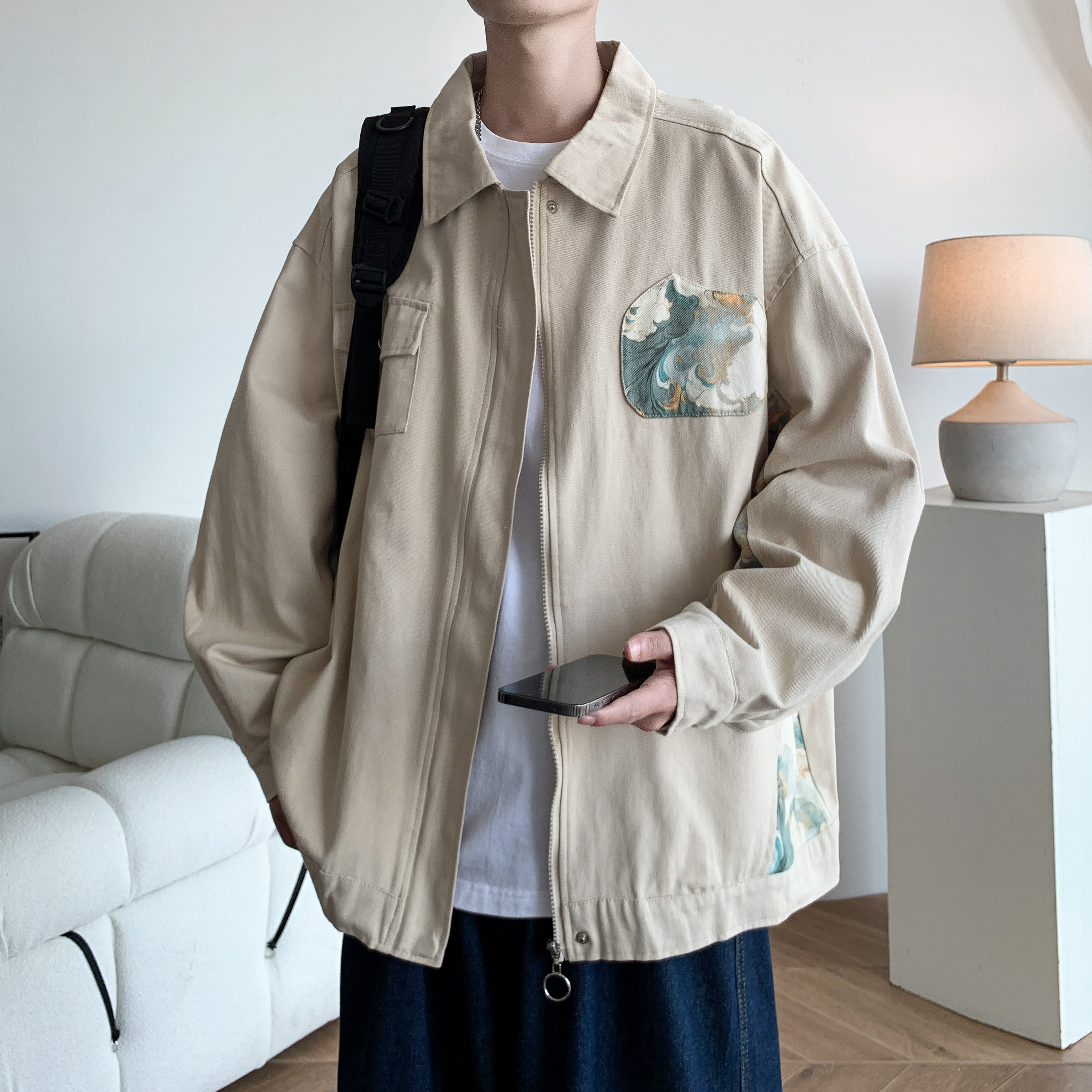 2025秋冬新款港风潮流大码宽松拼接夹克外套男J832P78控108，男装夹克，电商A029