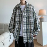 24冬新款港风大码破洞格子长袖衬衫衬衣外套男C626P78控108，男装衬衫，电商A029