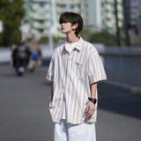 早起风相机片港风大码条纹短袖衬衫衬衣男C653P45控58，男装T恤，电商A029