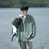 新款相机片牛仔风港风大码印花格子长袖衬衫衬衣男C623P60控88，男装衬衫，电商A029