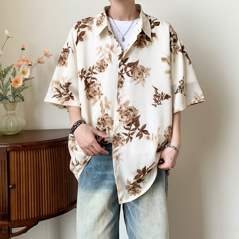 店主风夏二开冰丝港风大码复古碎花短袖衬衫花衬衣男C659P40控58,男装衬衫,电商A029