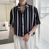 新款条纹男冰丝速干轻熟店主风痞帅短袖衬衫大码C613P40控58，男装T恤，电商A029