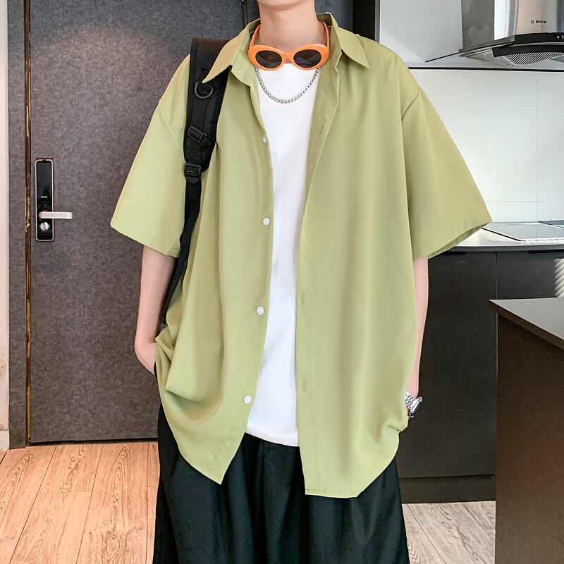 小清新冰丝二开港风大码纯色短袖衬衫白衬衣男 C655 P35 控48图片