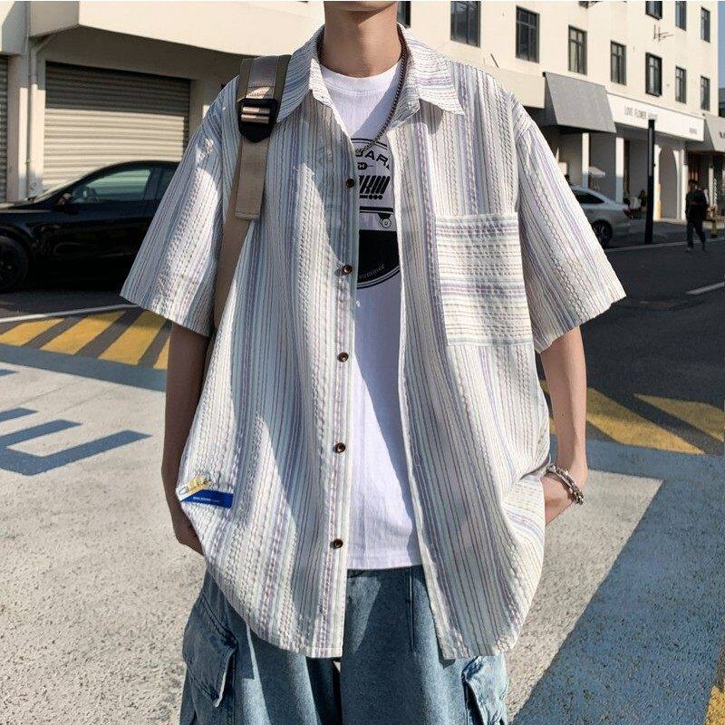 夏季外景新款港风大码男士短袖衬衫条纹衬衫男C616P45控58,男装T恤,电商A029