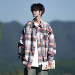 相机片高街时尚港风印花风格格子长袖衬衫衬衣男C620P55控78