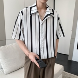 新款条纹男冰丝速干轻熟店主风痞帅短袖衬衫大码C613P40控58，男装T恤，电商A029