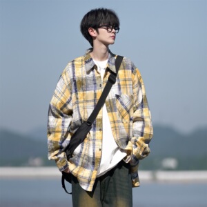 相机片高街时尚港风印花风格格子长袖衬衫衬衣男C620 P55 控78图片