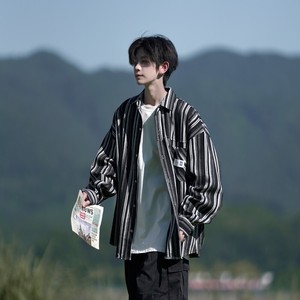 相机片冬新款大码港风条纹长袖衬衫衬衣外套男C627 P55 控78，男装衬衫，电商A029