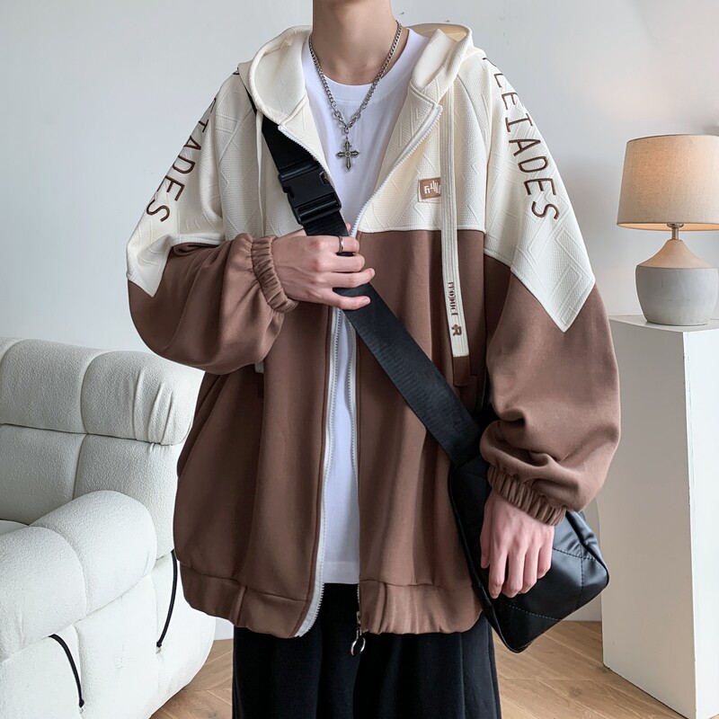 秋冬撞色绣花大码港风拼接卫衣时尚外套男V906P68控88,女装短外套,电商A029