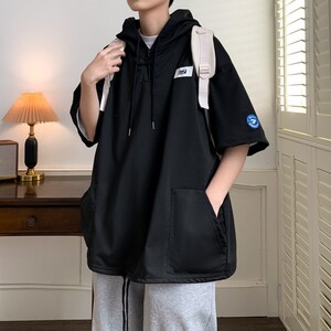 夏季冲锋衣新款大码宽松港风连帽短袖T恤卫衣装 T505 p48 控68,男装T恤,电商A029