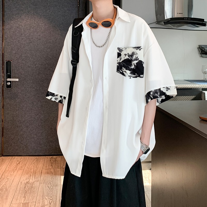 夏二开冰丝港风大码撞色复古短袖花衬衫花衬衣男C657P40控58,男装T恤,电商A029