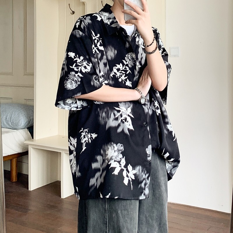 店主风夏二开冰丝港风大码复古碎花短袖衬衫花衬衣男C659P40控58,男装T恤,电商A029