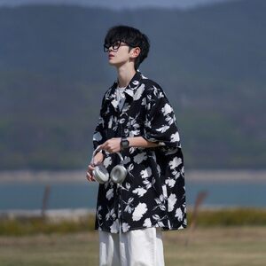 相机片港风宽松男冰丝轻熟店主风短袖衬衫大码C612P40控58,修身坑条针织衫搭配图片