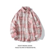 冬新款白底日系港风印花格子长袖衬衫男C621P55控78，男装衬衫，电商A029