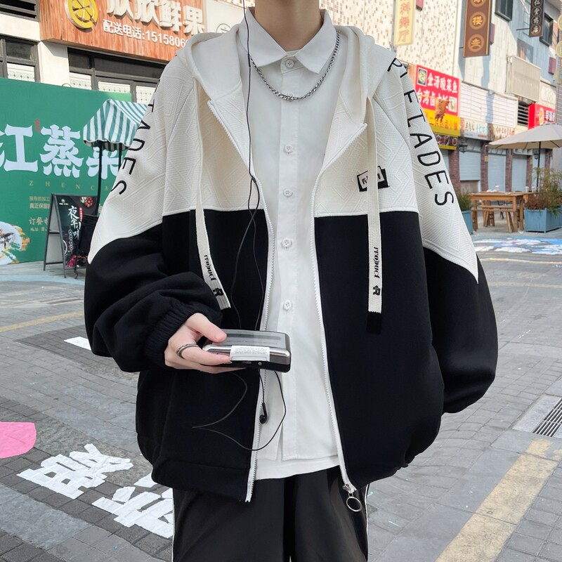秋冬撞色绣花大码港风宽松拼接卫衣时尚外套男 V906 P68 控88图片