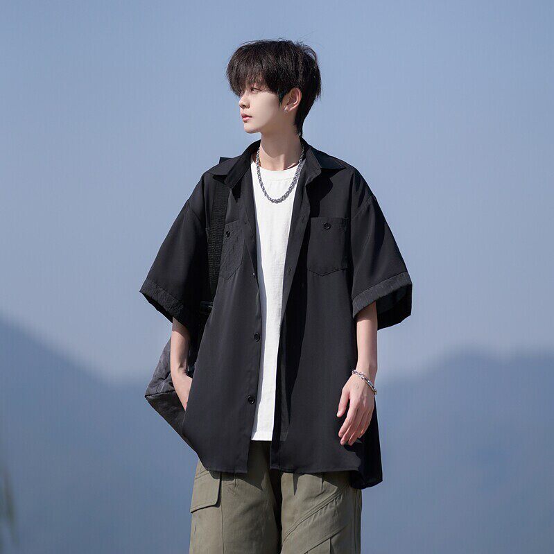 夏季二开港风大码冰丝拼接短袖衬衫纯色衬衣男C656P45控58，男装T恤，电商A029