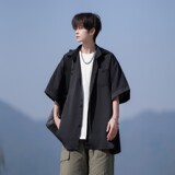 夏季二开港风大码冰丝拼接短袖衬衫纯色衬衣男C656P45控58，男装T恤，电商A029