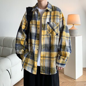 新款高街时尚港风印花风格格子长袖衬衫衬衣男C620 P55 控78图片