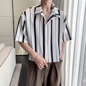 新款条纹男冰丝速干轻熟店主风痞帅短袖衬衫大码C613P40控58