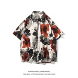 酒店风夏冰丝二开港风大码复古碎花短袖衬衫花衬衣男C658P40控58，男装T恤，电商A029