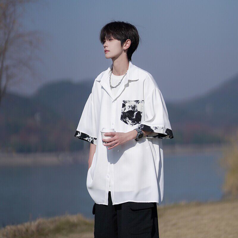 夏二开冰丝港风大码撞色复古花短袖衬衫花衬衣男C657P40控58，男装T恤，电商A029