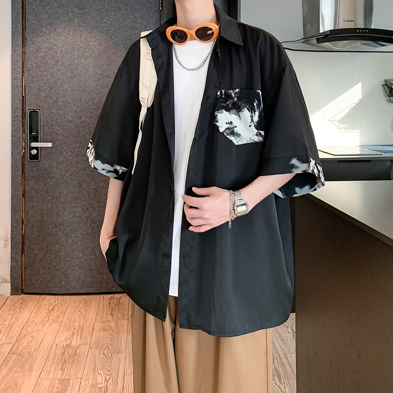 夏二开冰丝港风大码撞色复古花短袖衬衫花衬衣男C657P40控58,男装衬衫,电商A029