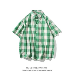 小清新夏二开新款白底平铺大码格子短袖衬衫衬衣男C652 P45 控58图片