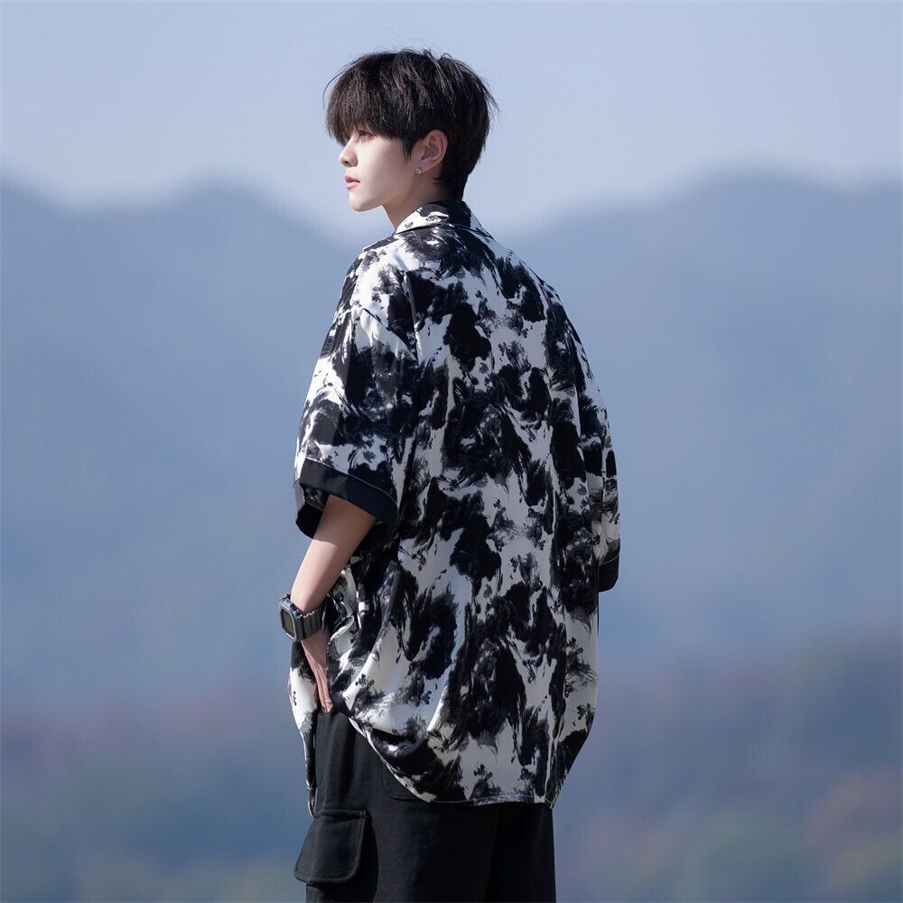 夏二开冰丝港风大码撞色复古短袖花衬衫花衬衣男C657P40控58，男装T恤，电商A029