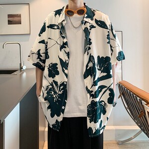 酒店风夏季冰丝港风大码复古碎花短袖衬衫花衬衣男C650 P40 控58图片