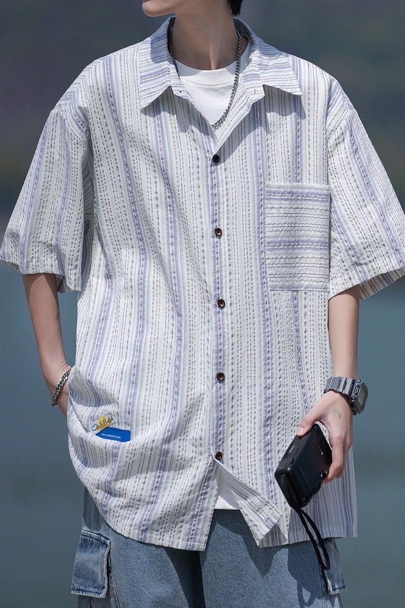 相机片新款港风大码男士短袖衬衫条纹衬衫男C616P45控58,男装T恤,电商A029