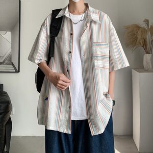 夏季新款港风大码男士短袖衬衫条纹衬衫男C616P45控58