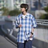 早起风格二开港风相机片大码格子短袖衬衫衬衣男C652P45控58，男装T恤，电商A029