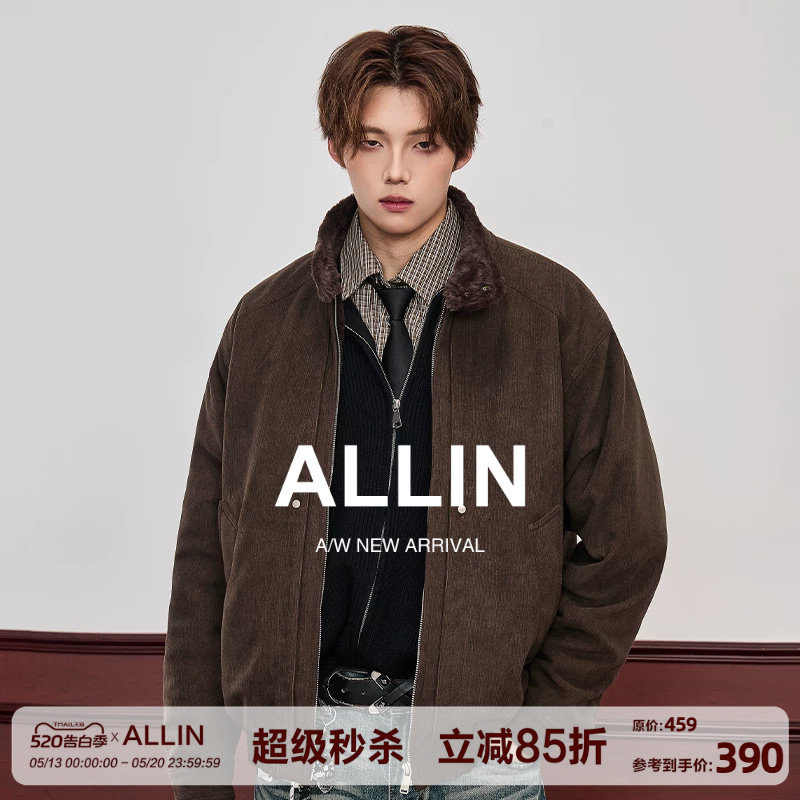 ALLIN 灯芯绒翻领毛领夹克男秋冬季加厚保暖情侣立领工装宽松外