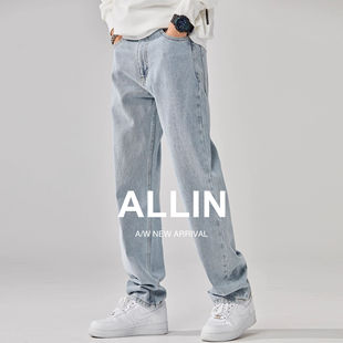 复古潮牌纯棉垂感直筒宽松阔腿裤 男美式 子 浅蓝色水洗牛仔裤 ALLIN