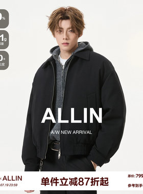 ALLIN 黑色cleanfit翻领夹克羽绒服男生冬季短款廓形保暖情侣外套