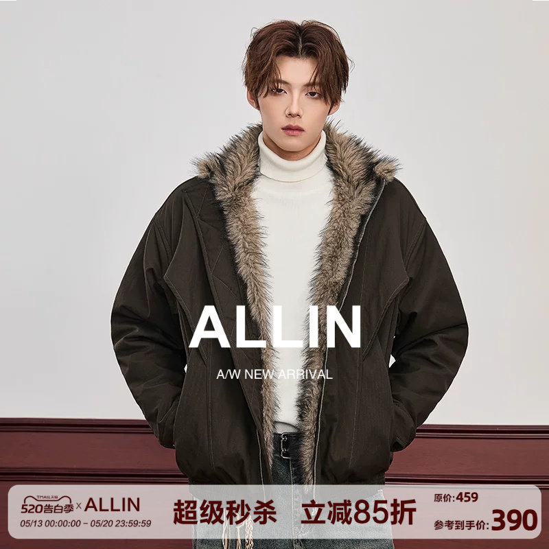 ALLIN 美式解构座山雕夹克男秋冬加厚保暖仿貂毛短款毛领情侣外