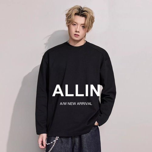 ALLIN 黑色重磅长袖T恤男秋冬宽松百搭打底衫纯色插肩袖内搭上衣