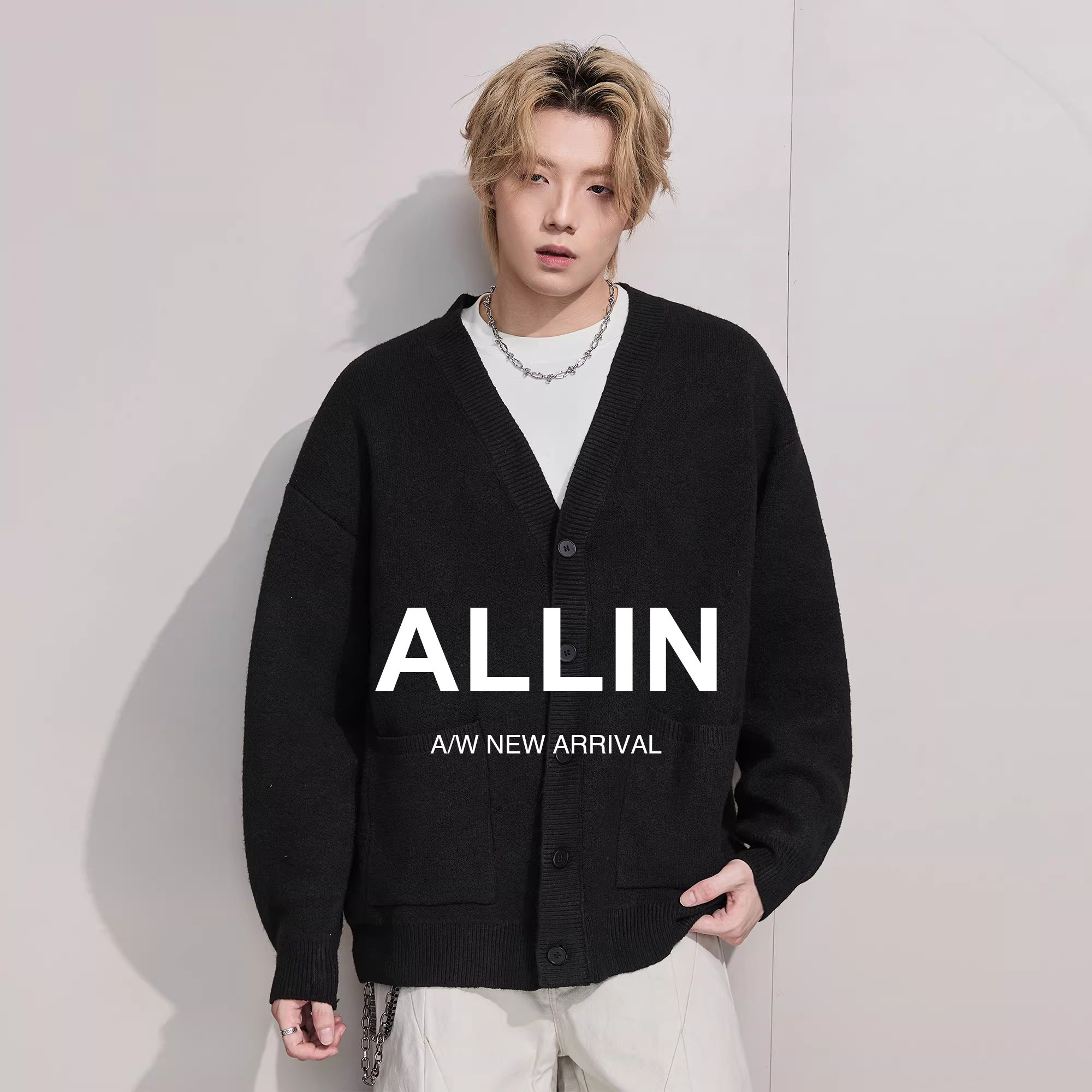 ALLIN 美式V领针织开衫男春秋慵懒黑色宽松线衣情侣潮牌毛衣外