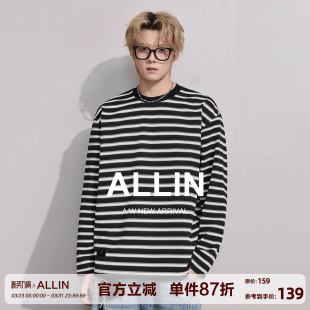 宽松百搭打底衫 T恤男春秋落肩袖 情侣重磅上衣 黑白条纹长袖 ALLIN
