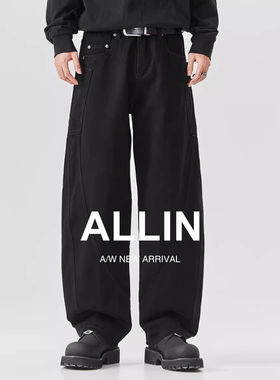 ALLIN 黑色牛仔裤男潮牌宽松直筒弯刀裤美式高街阔腿休闲镰刀裤子