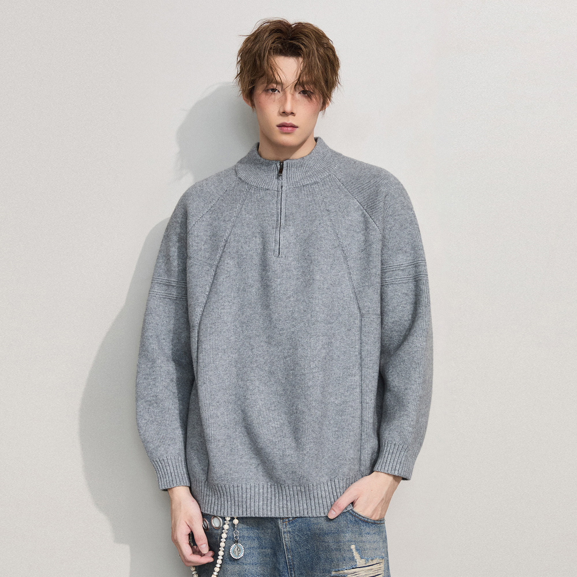 ALLIN 半高领拉链毛衣男秋冬宽松套头纯色打底针织衫情侣保暖外套,男装,针织衫/毛衣,淘宝优惠券,粉丝福利购,淘宝优惠卷