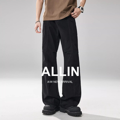 ALLIN 黑色拼接解构微喇牛仔裤男士春秋2021M版型阔腿休闲长裤子