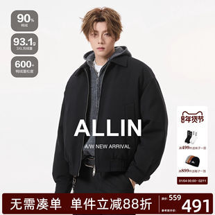 ALLIN 黑色cleanfit翻领夹克羽绒服男生冬季短款廓形保暖情侣外套