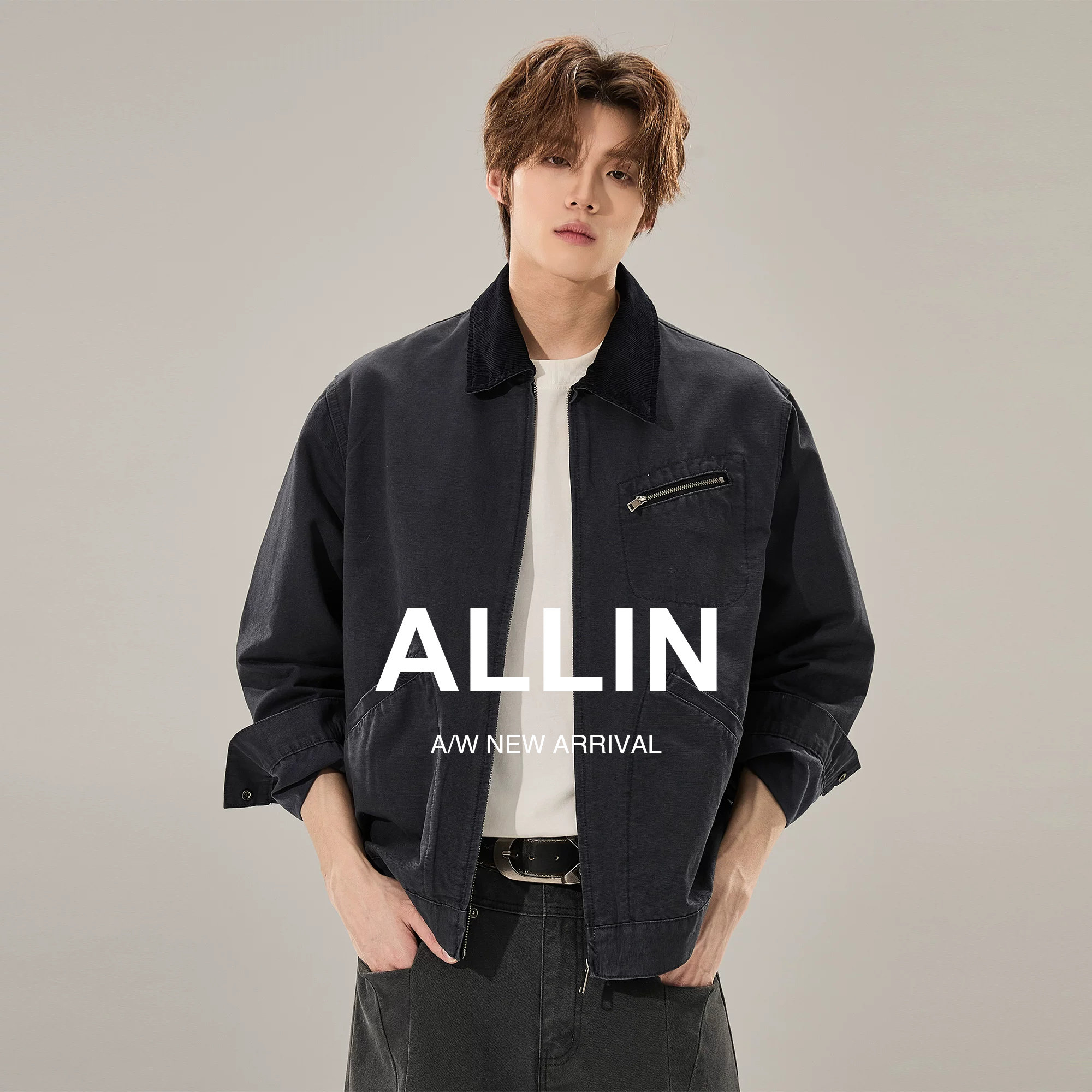 ALLIN 底特律工装夹克男春秋季复古cleanfit上衣情侣纯棉翻领外套