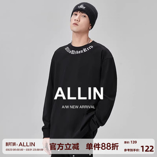 潮牌字母印花打底衫 t恤男春秋美式 休闲情侣上衣服 黑色长袖 ALLIN